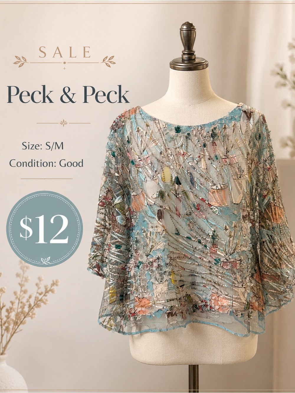Peck & Peck Light Blue Sheer Embroidered Floral Blouse